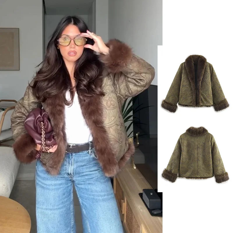 2025 Winter Womens Fur Coat Lapel Long Sleeve Pockets Embroidery Loose Warm Outfit Jackets Streetwear Woman Army Green Cadigans 251225