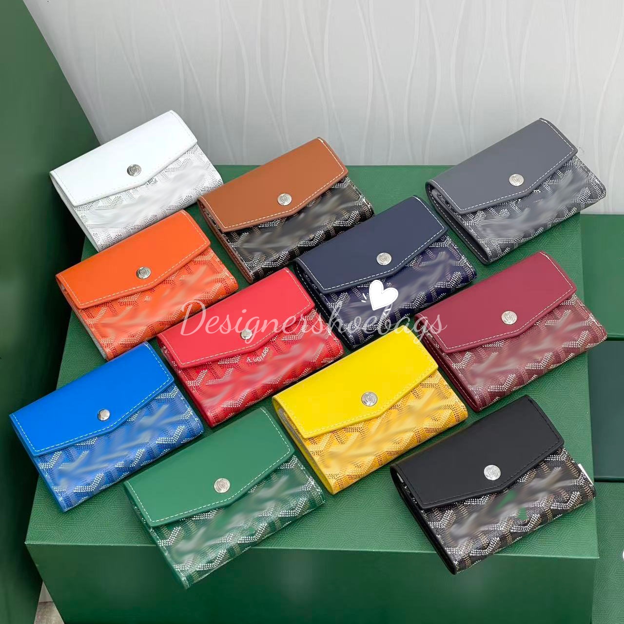 Designer Card Holder Wallets Three-foldable Design with Snap Fastening Canvas Combined with Calfskin Wallet With Green Brand Box