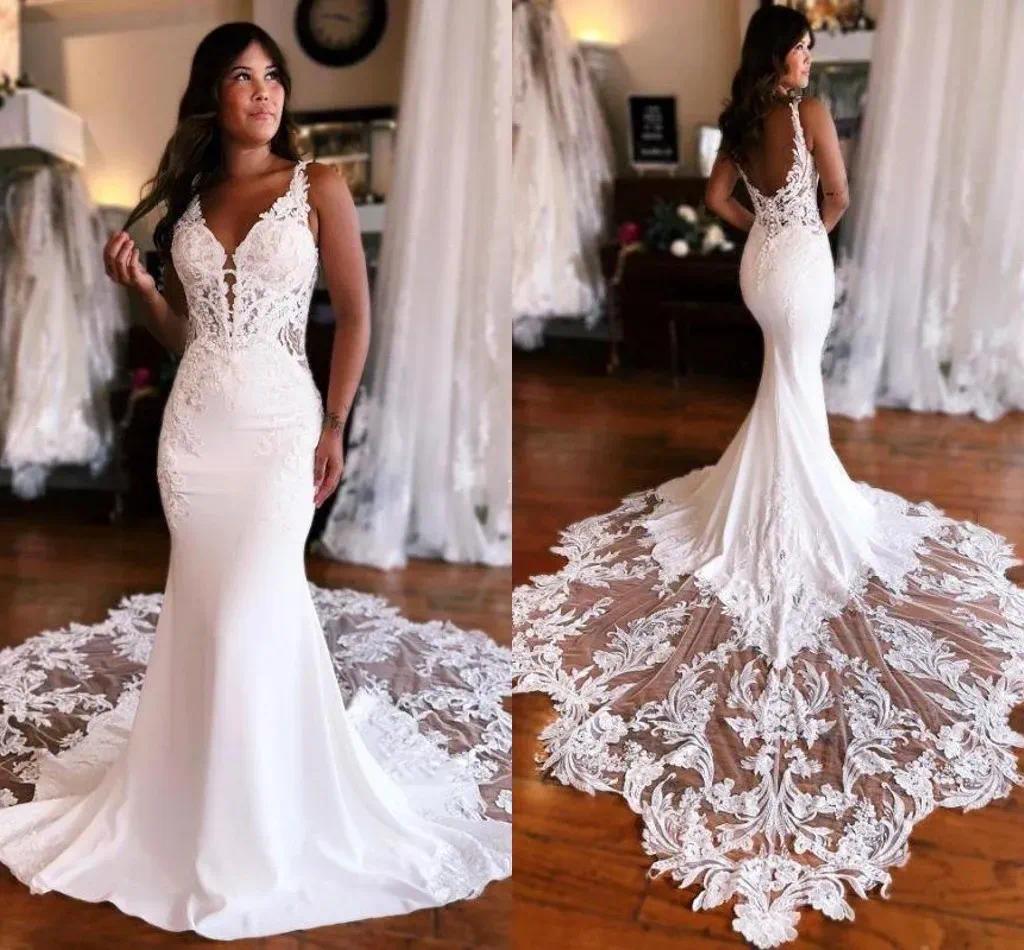 BC16968 Lace Mermaid Wedding Dresses - Open Back Spaghetti Straps Long Bridal Gowns for Western Country Weddings