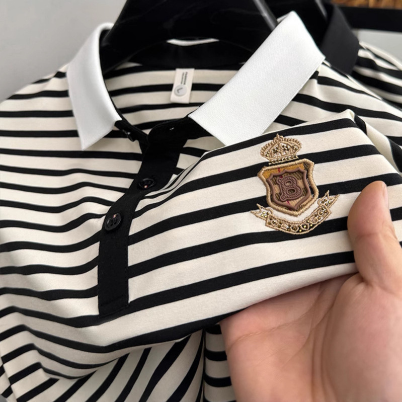 Luxury Brand Designer Clothes Off-Site Summer Men's Striped Short Sleeve T-Shirt Pure Cotton Breathable Loose Casual Turn-Down Collar Versatile P