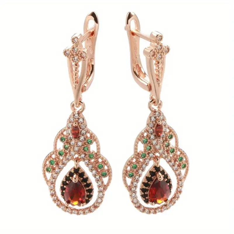 A pair of Bohemian style copper earrings with artificial zirconia inlay, European and American cross-border water droplet earrings