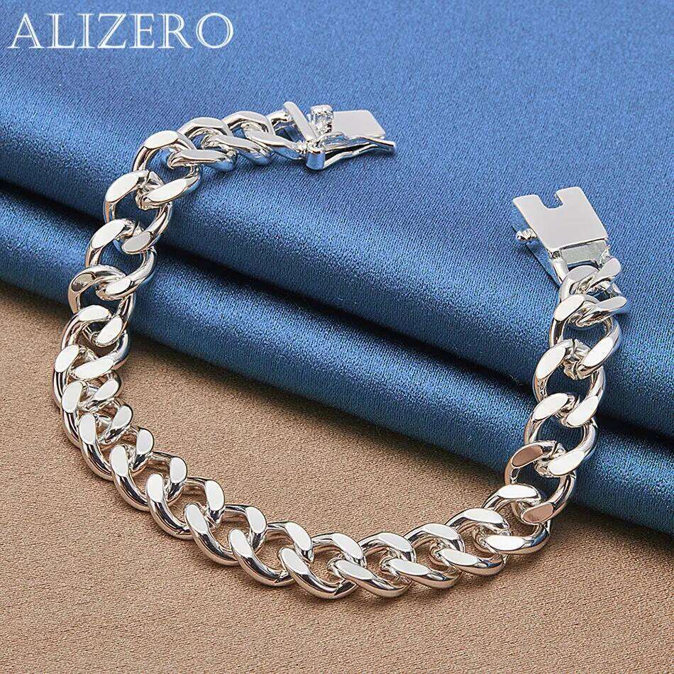 ALIZERO Fashion 925 Sterling Silver Men's 10mm Square Buckle Cuban Chain Bracelet Perfect Gift for Men Wedding Party Jewelry