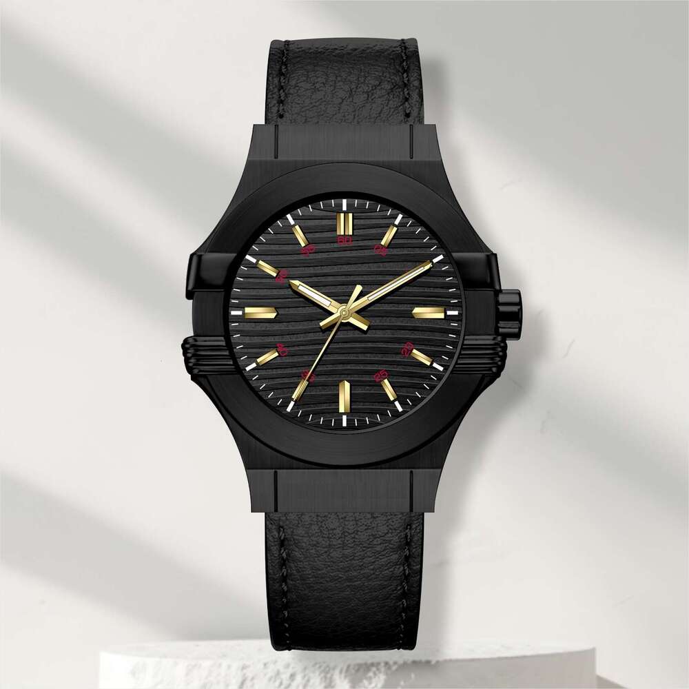 Men's quartz watch, genuine leather strap, waterproof, luminous, large dial