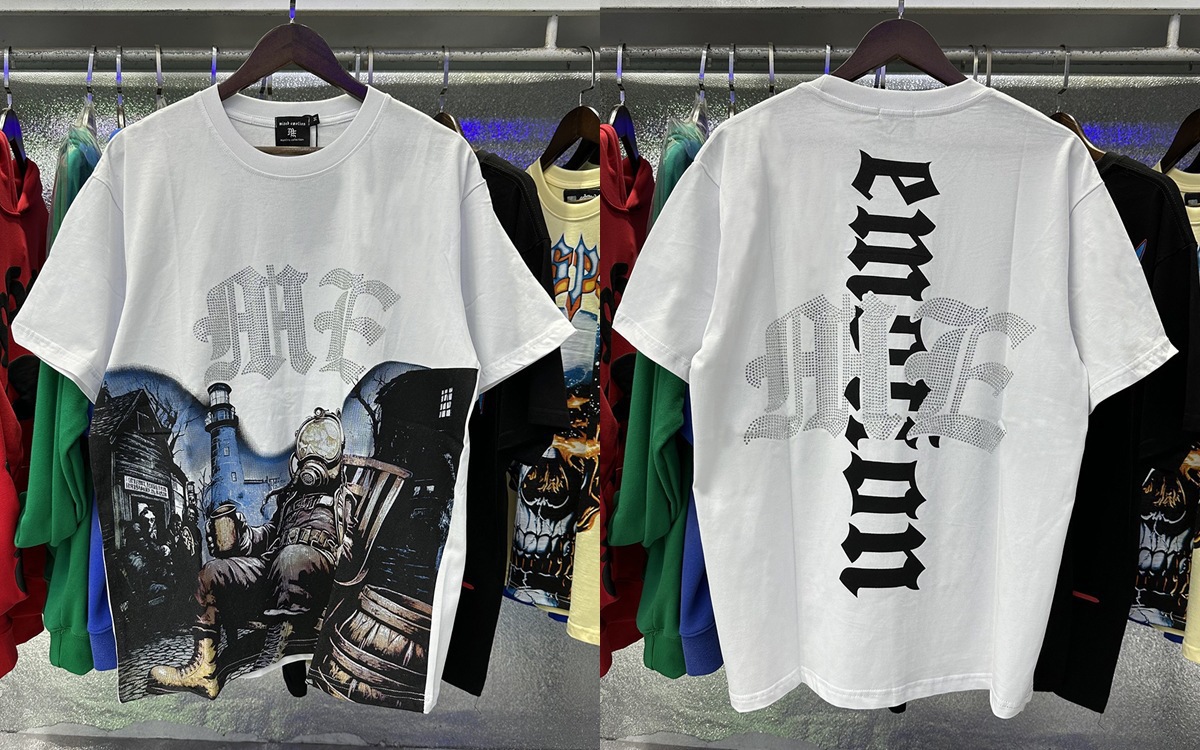 Men's T Shirts MIXED EMOTION T Shirt High Quality Little Angel Pattern Printed Rhinestone Short-sleeved Shirt Patchwork Men Women Hip-hop Ripped 