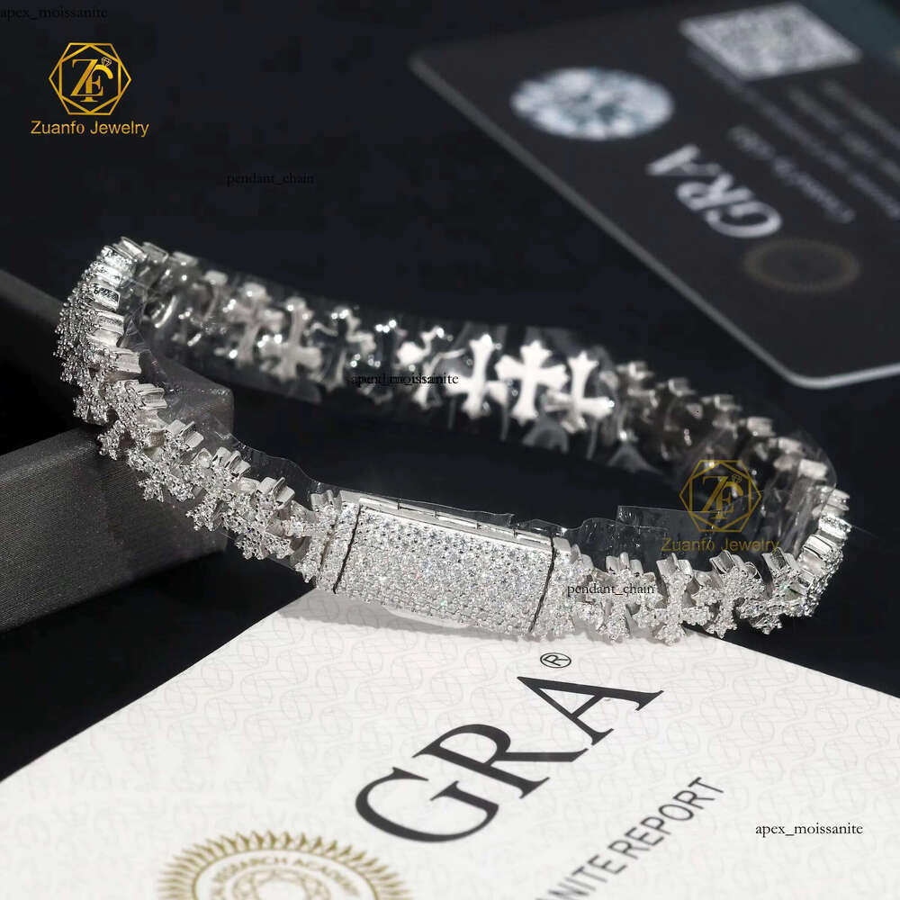 Cross Heart Shape 925 Solid Silver Iced Out GRA VVS Moissanite Bracelet for Women/mens Jewelry