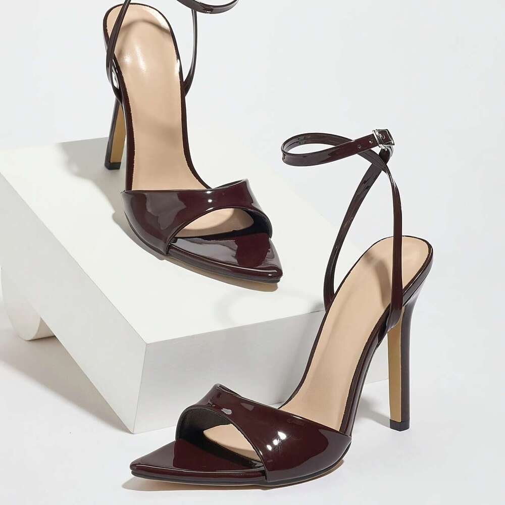 Elegant Women's Pointed-Toe Stiletto Sandals with Adjustable Ankle Strap - Coffee Brown Glossy Synthetic Cover, Ultra-High Heels for Parties, Nig