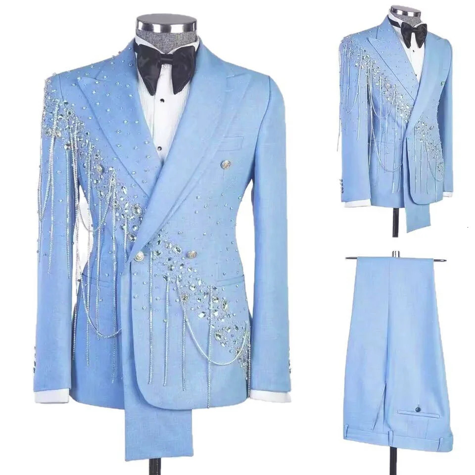 Modern Men Wedding Suits ed Lapel Single Breasted Tuxedos Crystal Chain Groom Party 2 Pcs Blazer Pants Customized Suit 260106