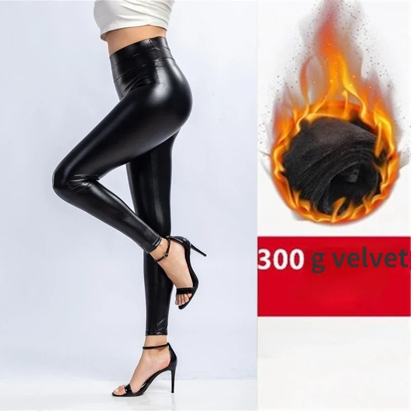 Winter Pu Leather Leggings for Women Warm Leggins Black Velvet High Waist Stretchy Skinny Plus SizeLeggings 260106
