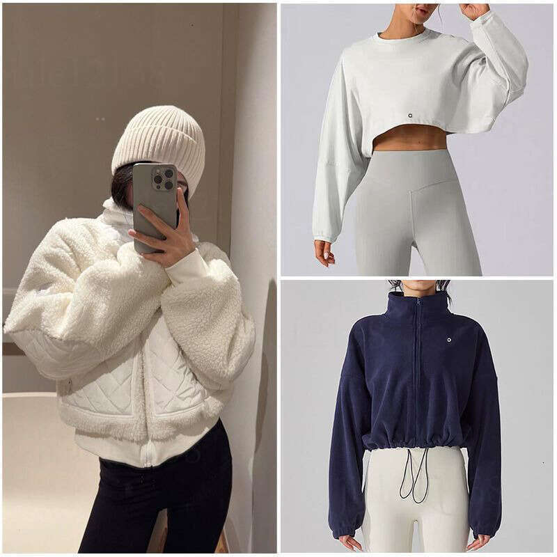 2026 designer alonessities set women Autumn winter brown lambhair hooded short alonessities set thick sporty warm outdoor casual sports zipper jacket