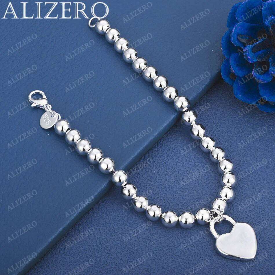 ALIZERO 925 Sterling Silver Smooth Beads Chain Heart Pendant Bracelet For Woman Wedding Party Fashion Jewelry Gift