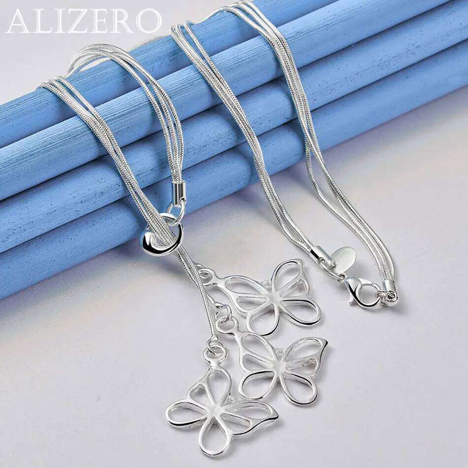 ALIZERO 925 Sterling Silver Three Butterflys Pendant Necklace For Women Jewelry Fashion Party and Daily Wear