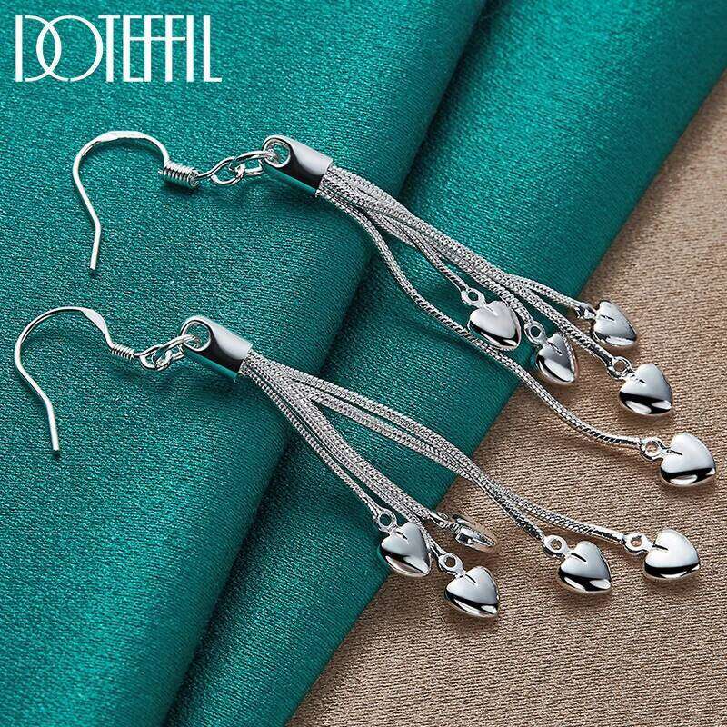 DOTEFFIL 925 Sterling Silver Five Heart Snake Chain Long Drop Earrings For Women Wedding Engagement Party Fashion Jewelry