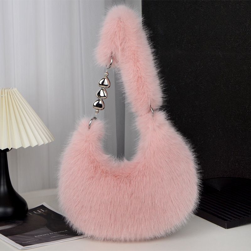 Autumn Winter Bag for Women Furry Heart Chain Korean Style Versatile Zipper Large Capacity Crossbody Shoulder Handbag Sweet Beaded