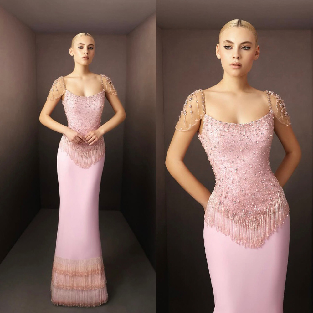 Elegant Mermaid Evening Dresses For Women Jewel Neck Sleeveless Gown Crystal Tassel Floor Length Dress Party Customized Dress