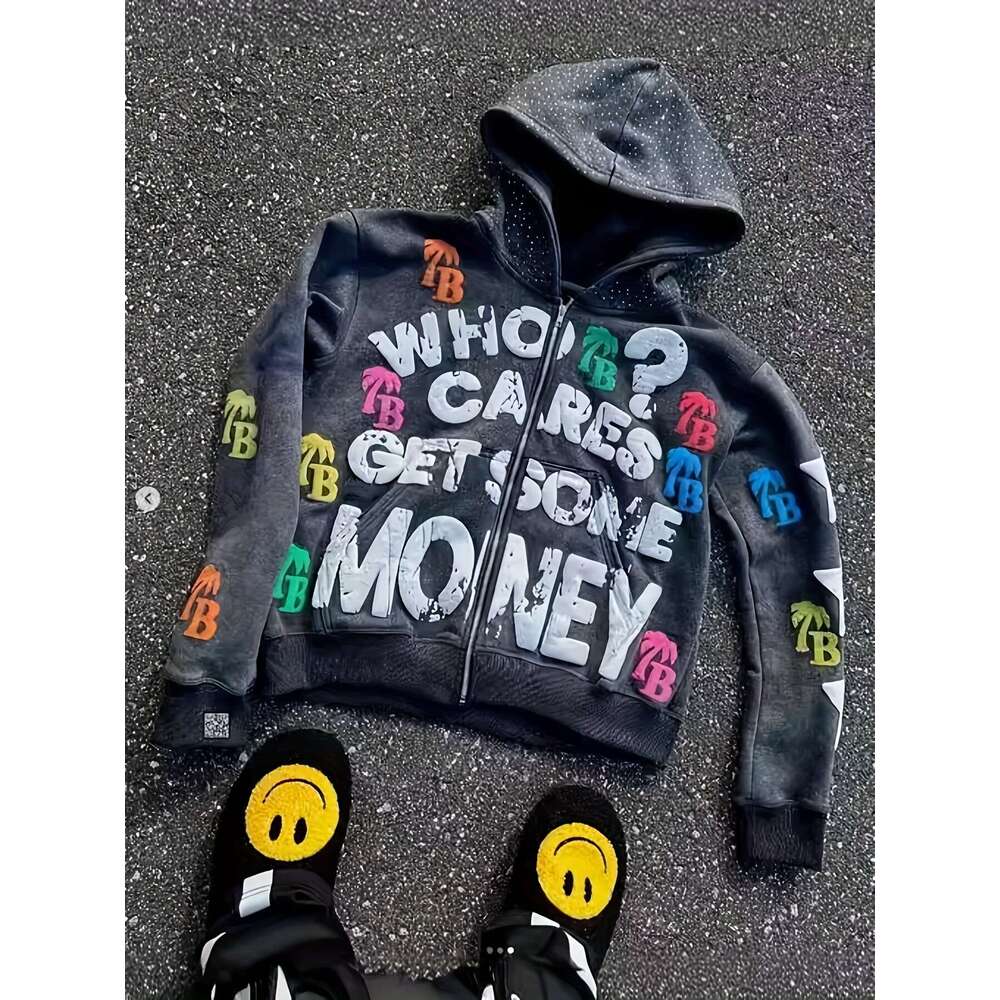 Unisex Y2k Streetwear Zip Hoodie With "Who Cares Get Some Money" Print Colorful Dollar Sign Logo Full-Zip Closure, V-Neck, Long Sleeve, A-Li