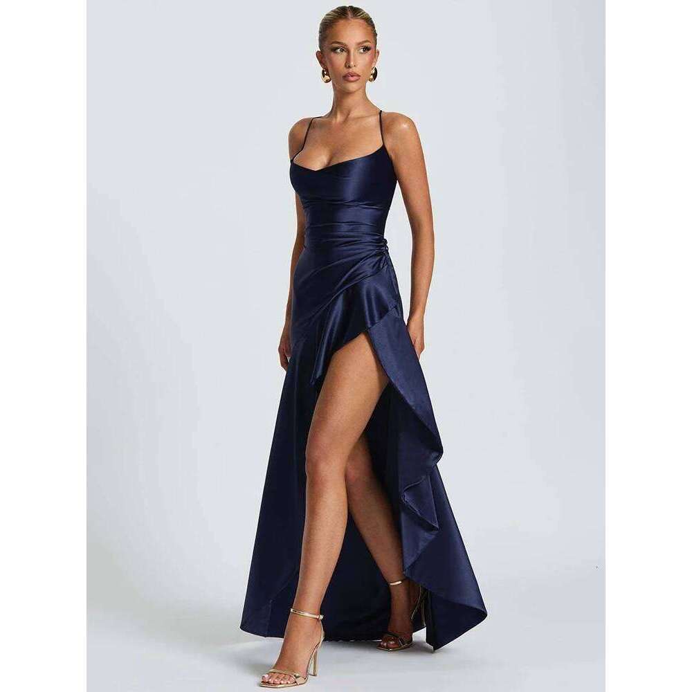 Mozision Satin Spaghetti Strap Ruffle Sexy Maxi Women Off-shoulder Sleeveless Backless Thigh High Split Club Party Dress