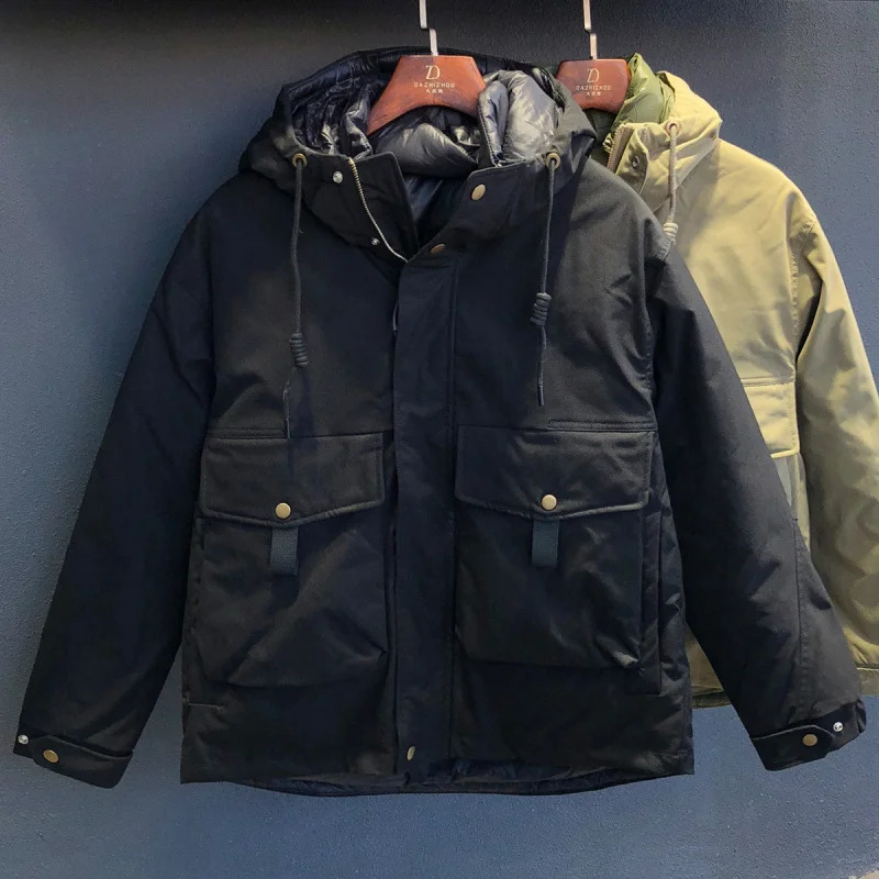 Winter workwear hooded mens down jacket versatile trendy fashionable simple highend warm outdoor clothes 251226