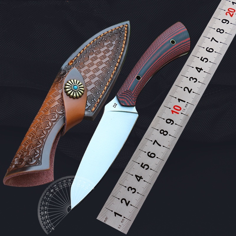 Free Shipping Outdoor Small Straight Knife Double Color G10 Camping Survival High Hardness D2 Steel Stainless Steel Creative Gift Knife with Leather C