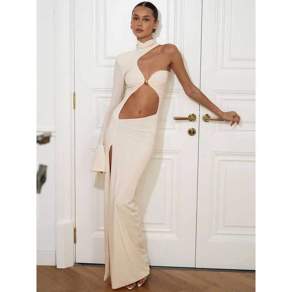 2026 Halter Sleeve Sexy Maxi Women Fashion Hollow Out One Shoulder Backless Thigh High Split Club Party Dress