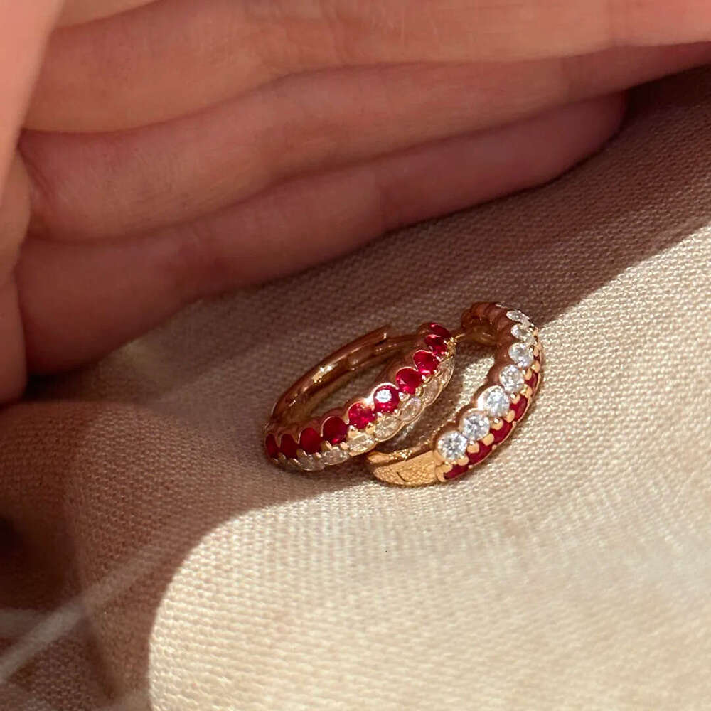 Earrings Double Row Corundum Fashionable Light Luxury Simple Colorful Gemstone High Carbon zircon Studs Gold Color Pigeon Blood Red Earring for Women