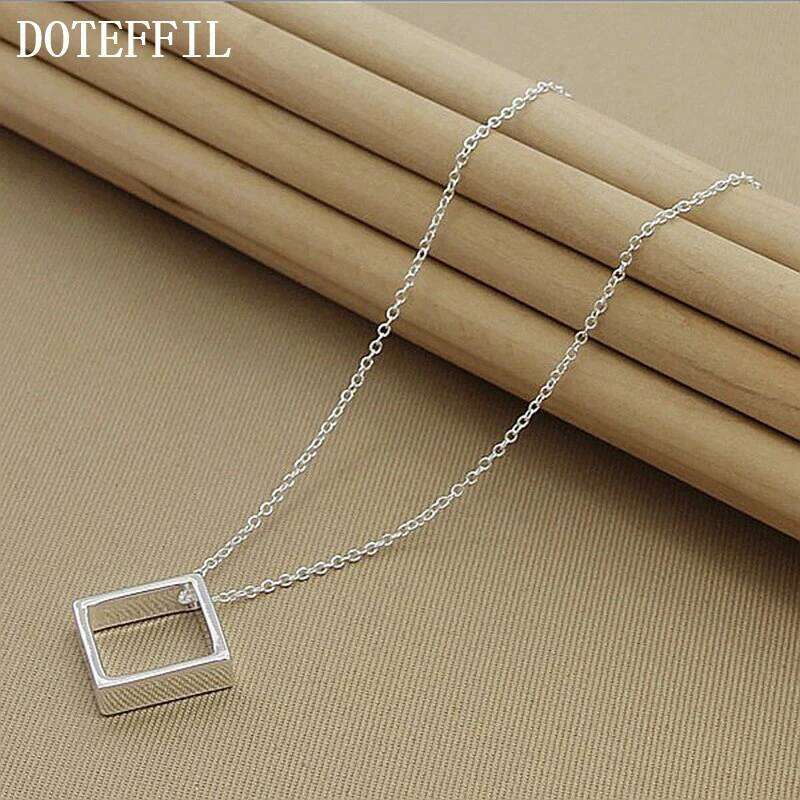 DOTEFFIL 925 Sterling Silver 18 Inch Chain Square Pendant Necklace For Women Men Engagement Wedding Fashion Charm Jewelry