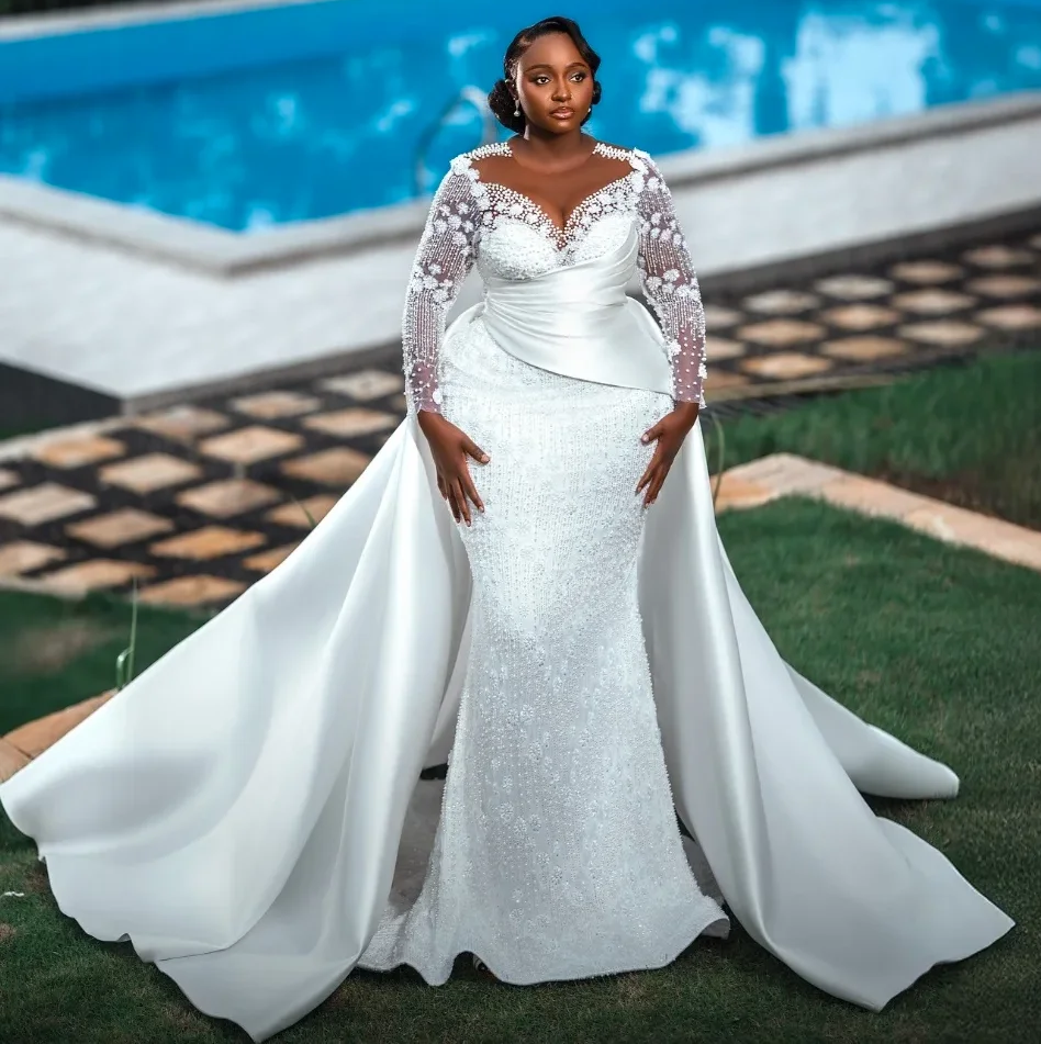 Luxury Mermaid Church Wedding Dress 2026 Removable Skirt Pearls Beads Sequined Lace Flowers Tulle African Bride Bridal Gowns Vestidos De Novial