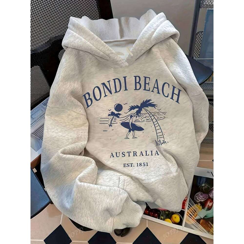 Women's Hoodie Pullover with Australian Surf Graphic Bondi Beach EST 1851 Relaxed Fit Hooded Sweatshirt Casual Top H260107