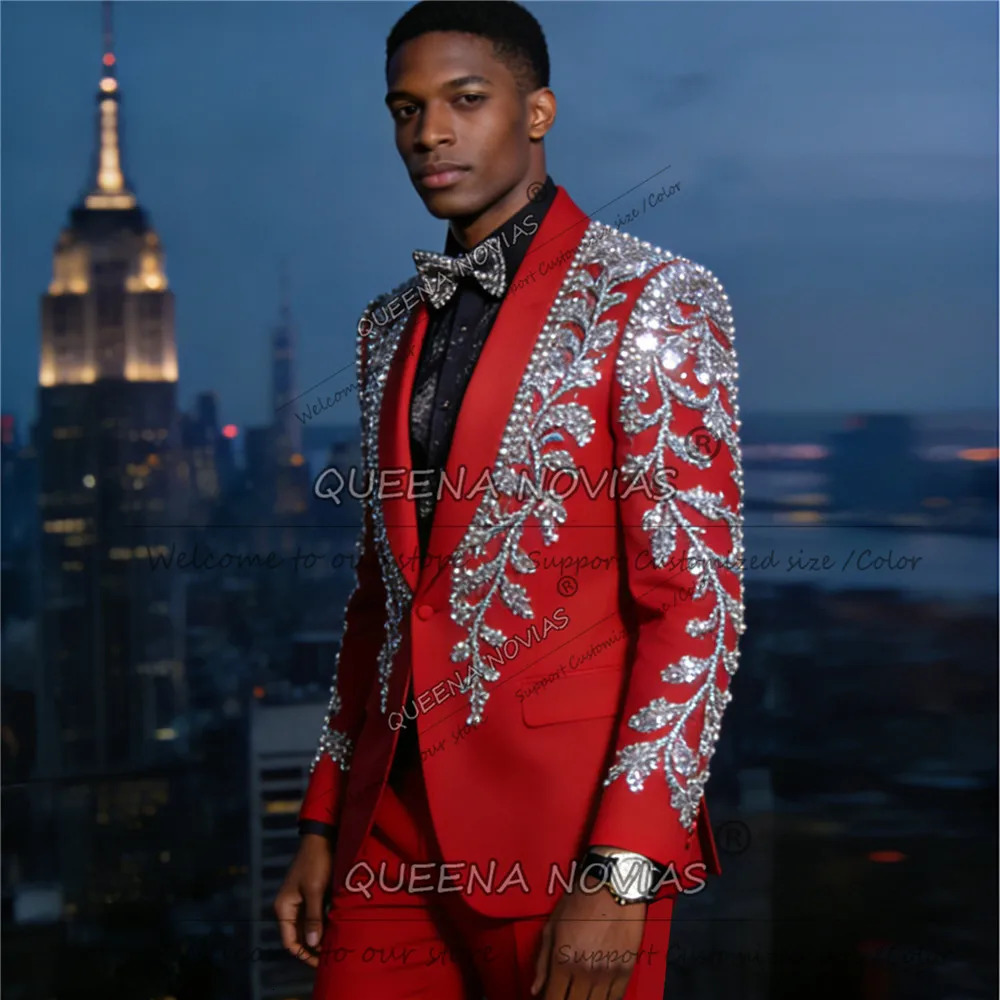 Exclusive Sliver Pearls Beaded Suit Men Slim Fit Single Breasted Jacket Pants 2 Piece Groom Banquet Tuxedos trajes para hombre 260106