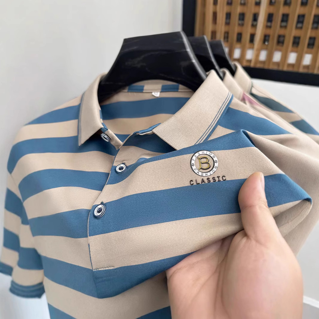 2026 New Design Summer Short-sleeved Collarless T-shirt - Tight Men's Ribbed Collar Half-sleeve Dad's Style T-shirt - Elastic Striped Polo S