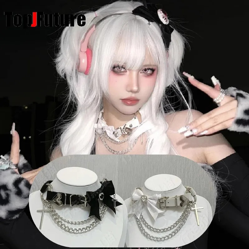Women Men Harajuku Gothic Lolita Cosplay Punk layer necklace Y2K Girl Colla bow cross chain leather button choker spider chokers 260106
