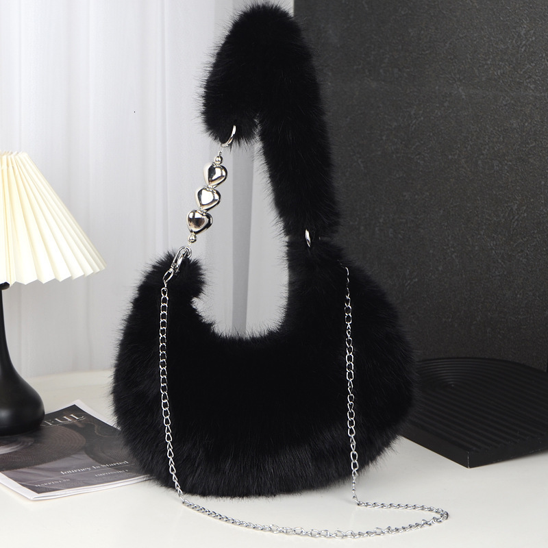 Autumn Winter Bag for Women Furry Heart Chain Korean Style Versatile Zipper Large Capacity Crossbody Shoulder Handbag Sweet Beaded
