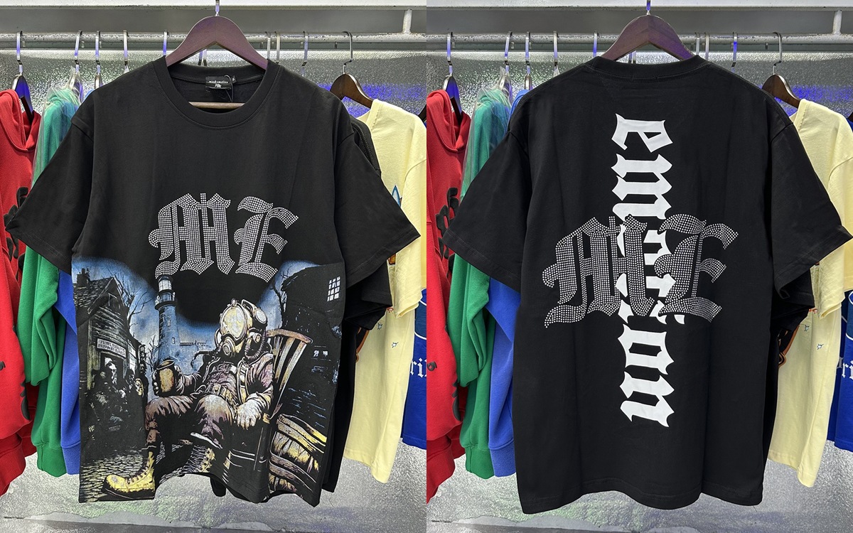 Men's T Shirts MIXED EMOTION T Shirt High Quality Little Angel Pattern Printed Rhinestone Short-sleeved Shirt Patchwork Men Women Hip-hop Ripped 