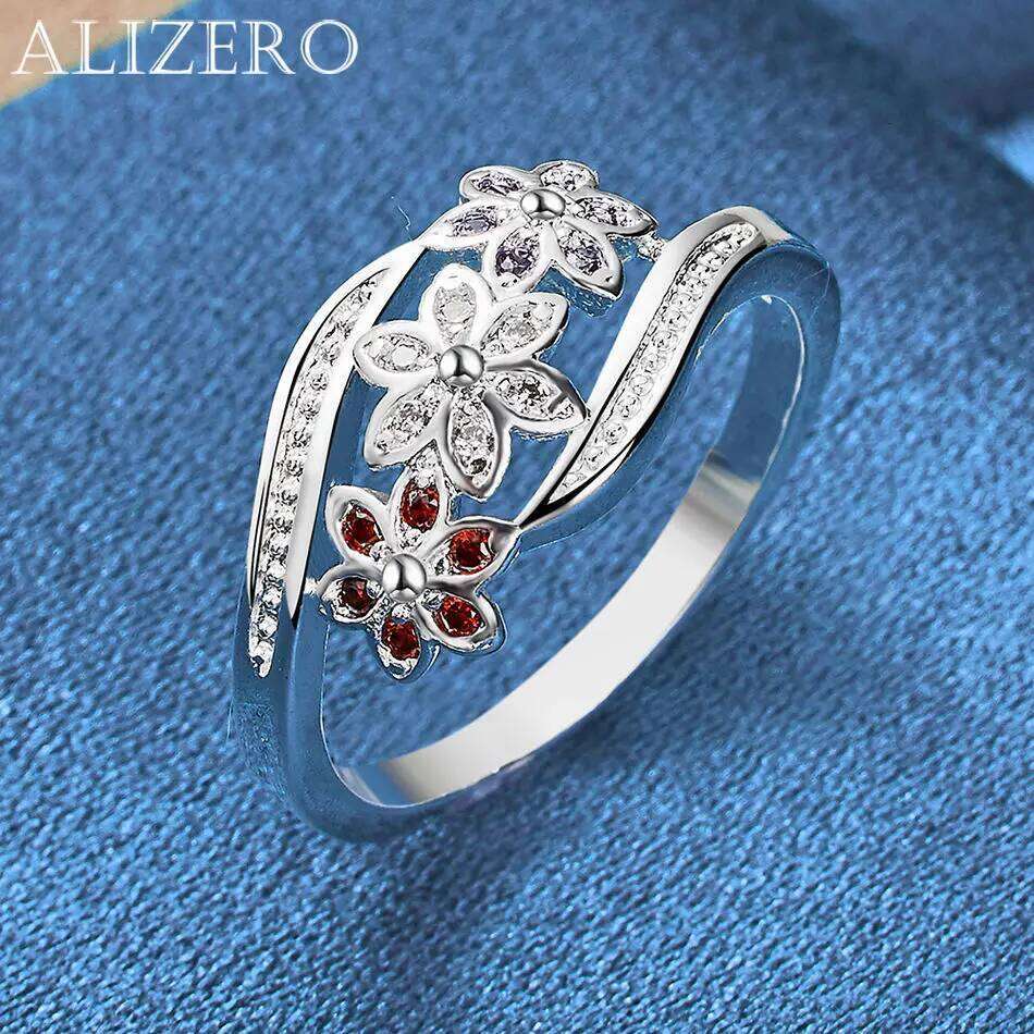 ALIZERO 925 Sterling Silver Multicolor Zirconia Flowers Ring For Women Wedding Engagement Gifts Fashion Party Charm Jewelry