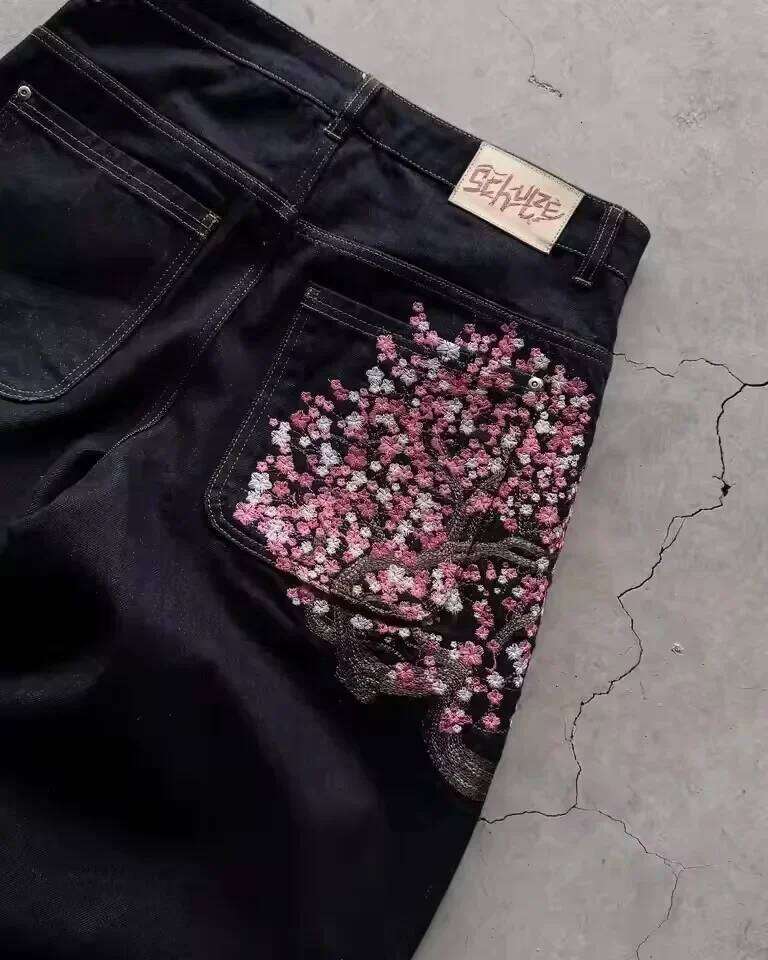 Vintage Low Waist Hip Hop Cherry Blossom Wide Leg Trousers Y2K Clothes Mens Womes Embroidered Baggy Jeans