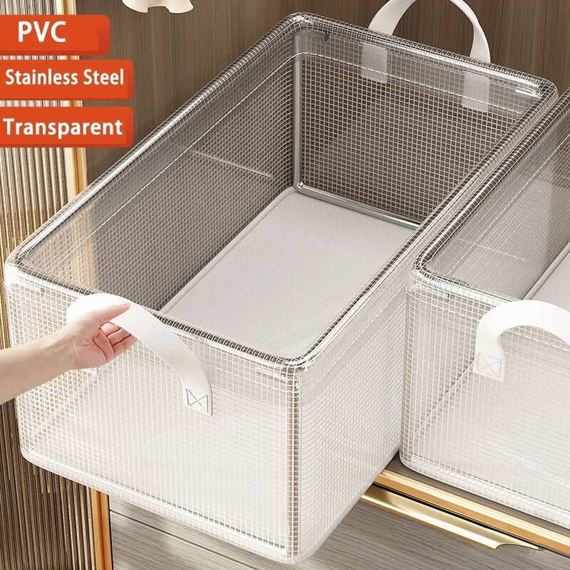 PVC Transparent Basket for Clothes Underwear Storage Stainless Steel Frame Wardrobe Organizer Waterproof Cloth Box