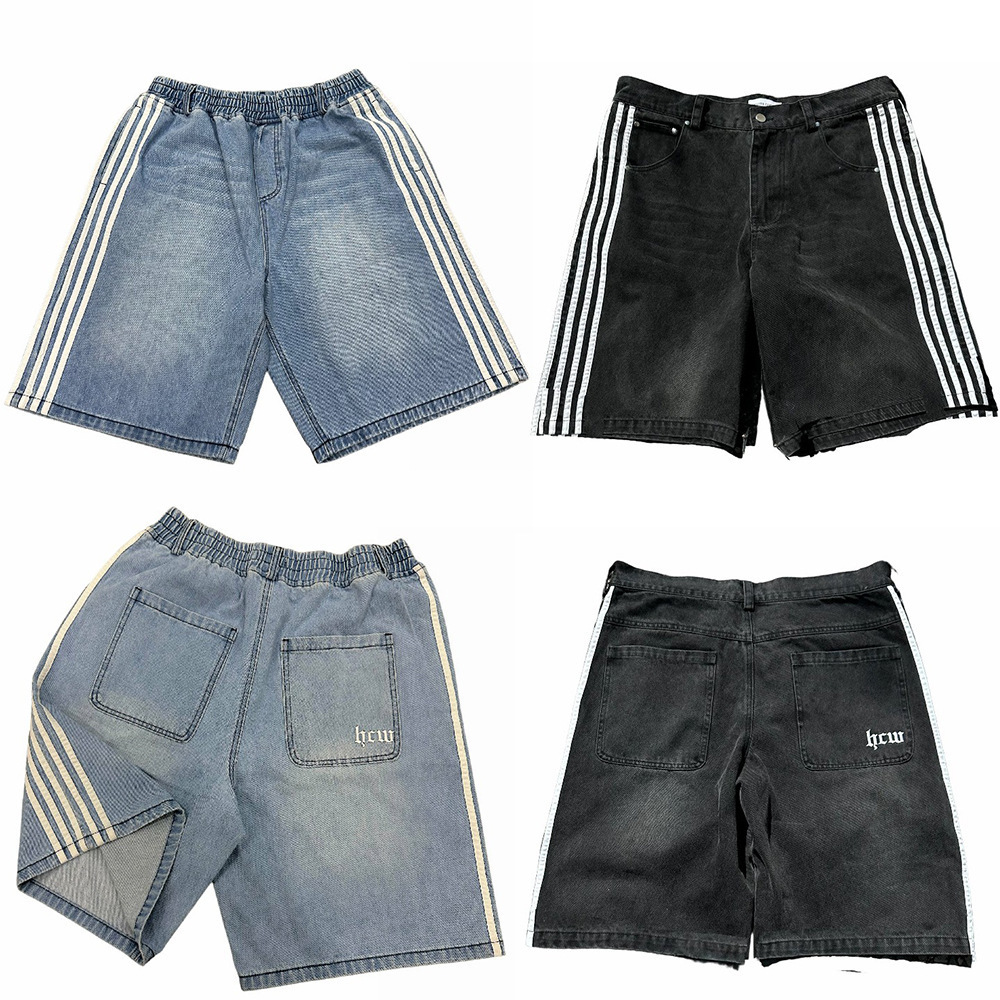 Men's Short Y2K Denim Shorts Mens Womens HCW Striped Embroidery Retro Loose Summer Shorts Harajuku Hip Hop Casual Gym Shorts Streetwear New