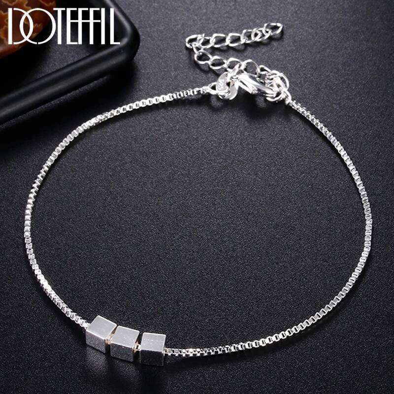DOTEFFIL 925 Sterling Silver 4mm Three Square Chain Bracelet For Women Wedding Engagement Party Fashion Jewelry