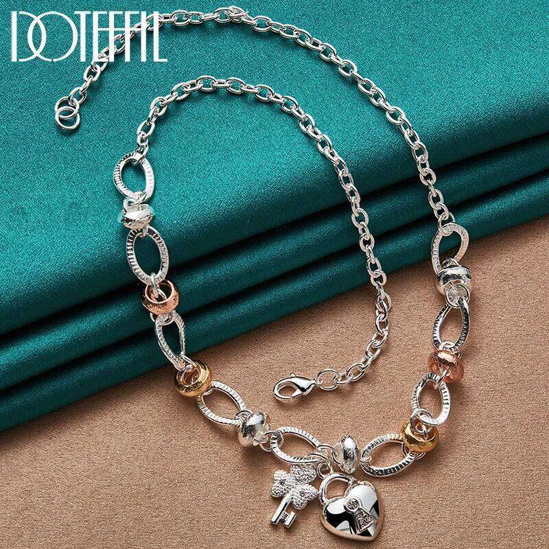 DOTEFFIL 925 Sterling Silver Heart Lock Key Pendant Necklace For Man Women Fashion Wedding Party Charm Jewelry