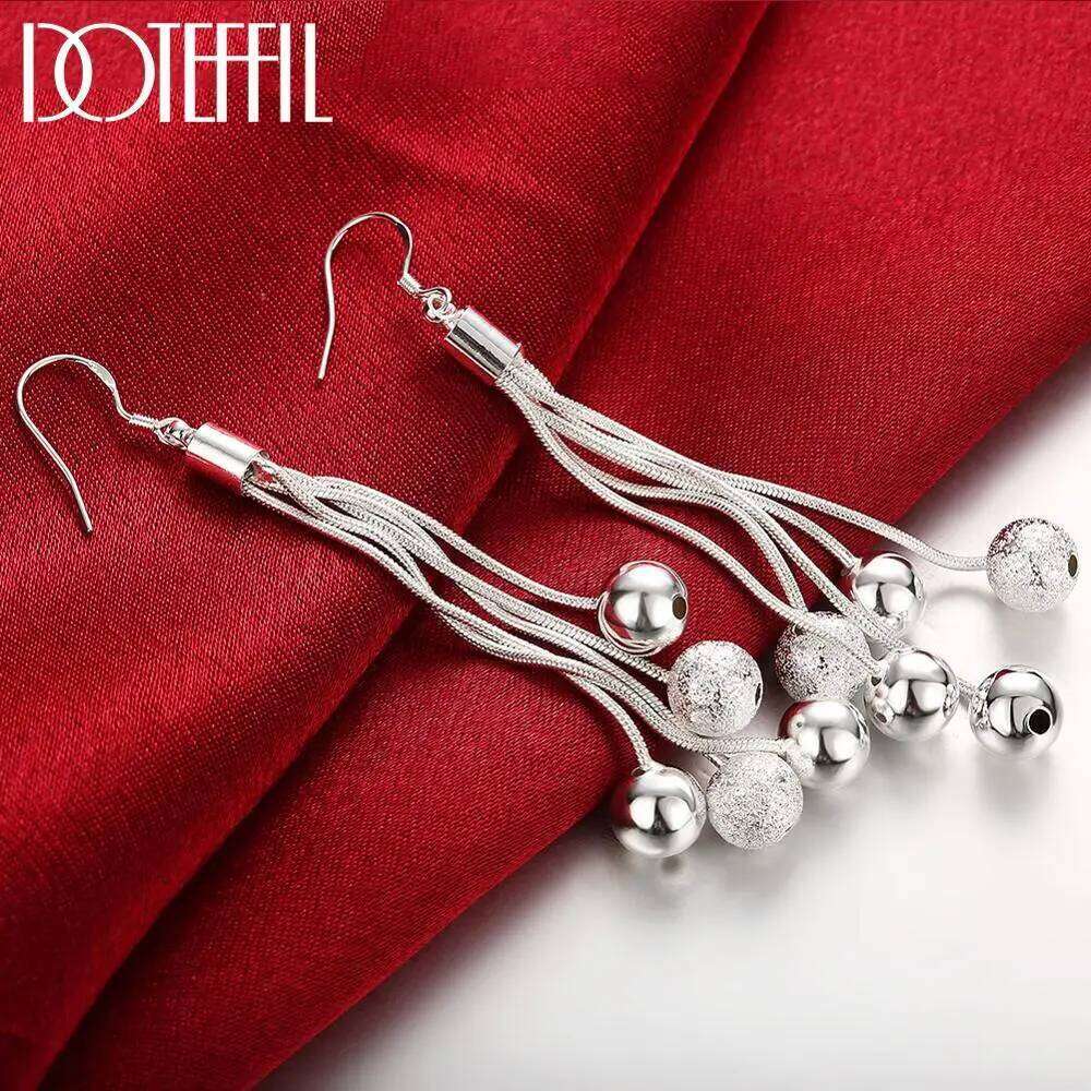 DOTEFFIL 925 Sterling Silver Five Line Snake Chain Beads Drop Earrings For Women Engagement Fashion Wedding Jewelry