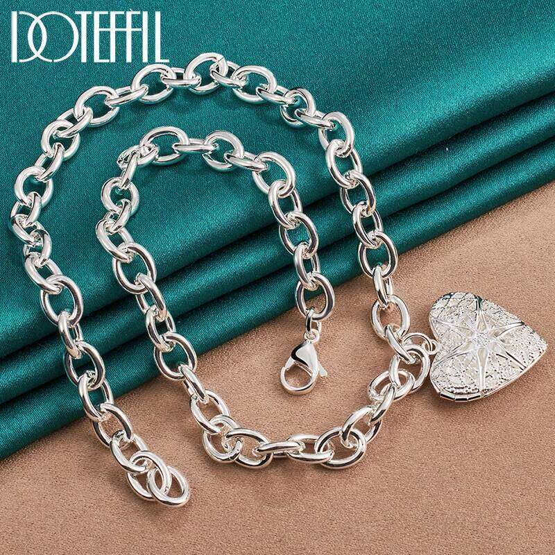 DOTEFFIL 925 Sterling Silver 18 Inch Chain Photo Frame Heart Pendant Woman Necklace Wedding Engagement Fashion Jewelry