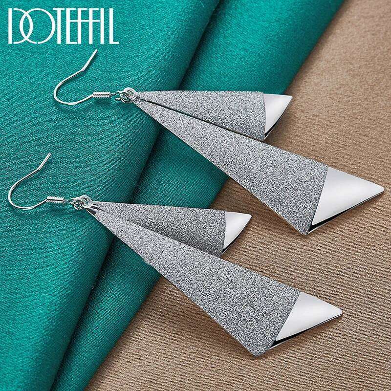 DOTEFFIL 925 Sterling Silver Smooth Frosted Long Geometric Drop Earrings Charm Women Fashion Wedding Engagement Party Jewelry