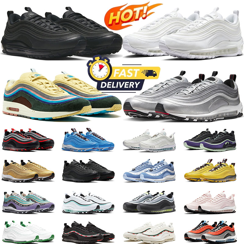 2026 Designer 97 97s running sneakers Jesus Satan Futura Triple Black White silver Bullet Olive Volt Crucifix Chile Red Sail Aurora Green Gym Mens Women trainers 36-46