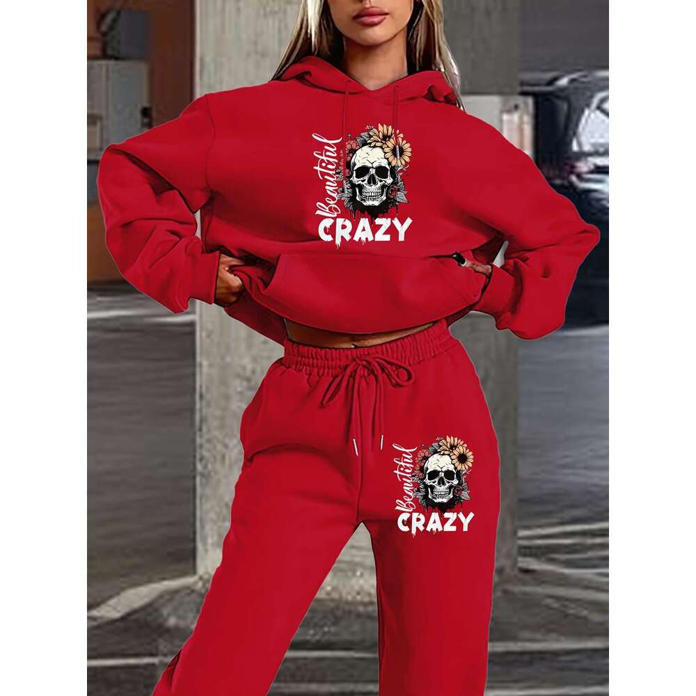 New Women clothing set Hoodie Pants Set With Skull Letter Print Featuring A Hood And Long Sleeves TIANPEIZHEZHOU