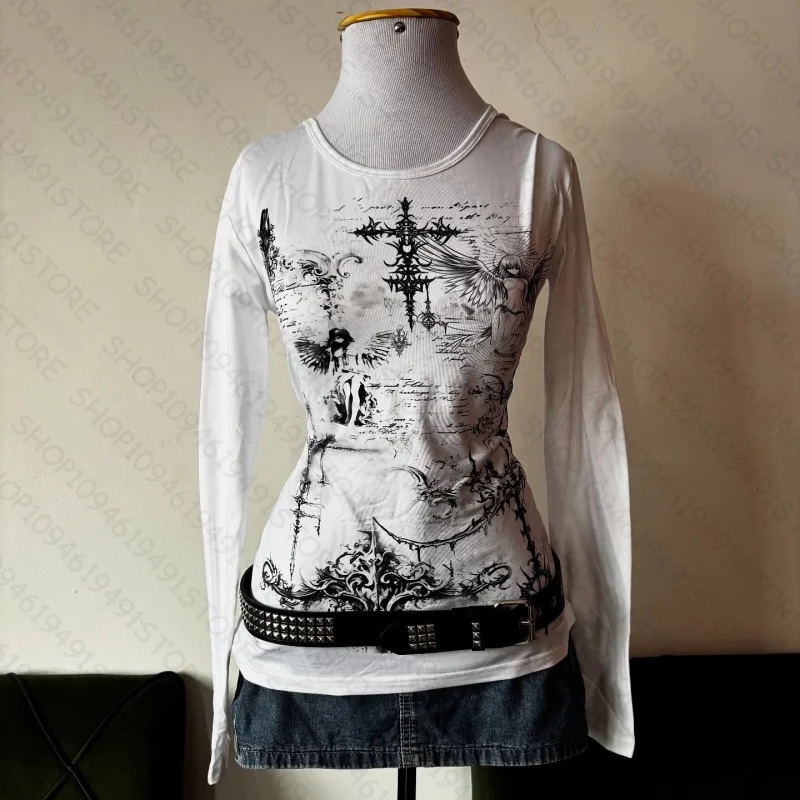 Y2k style aesthetic sweet and sexy long sleeved top for womens casual gothic punk printed T-shirt Harajuku Grunge clothes Emo 260106