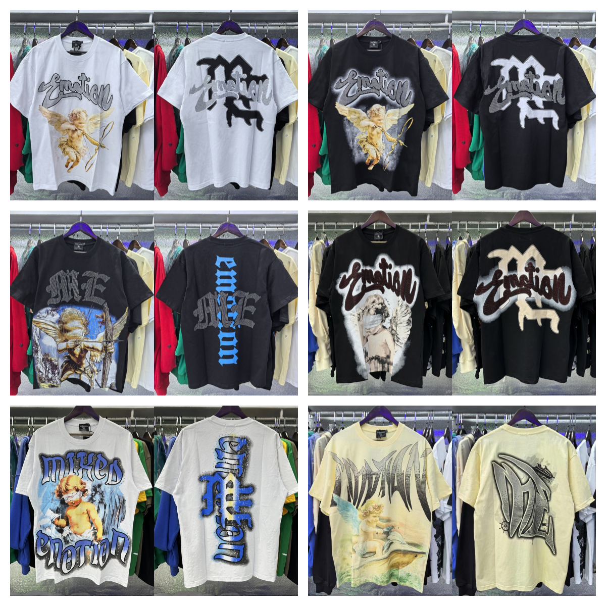 Men's T Shirts MIXED EMOTION T Shirt High Quality Little Angel Pattern Printed Rhinestone Short-sleeved Shirt Patchwork Men Women Hip-hop Ripped 