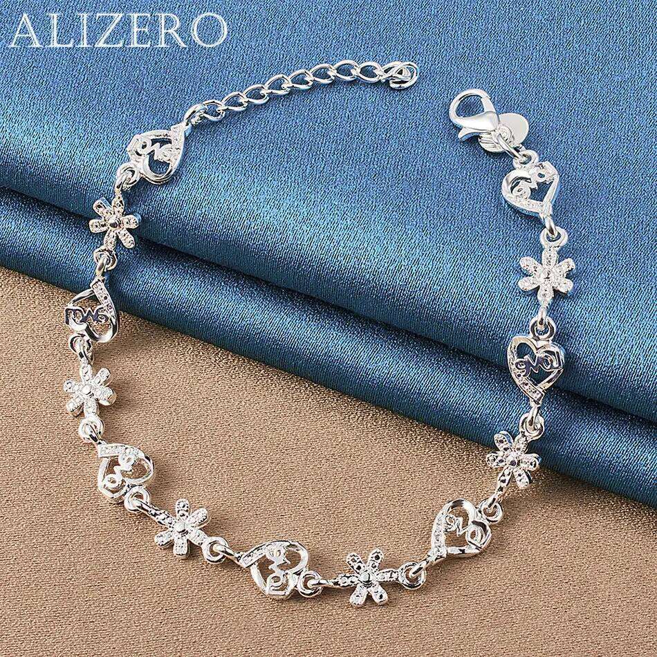 ALIZERO 925 Sterling Silver Flowers LOVE Heart Bracelet Women Wedding Engagement Accessories for Daily Wear Jewelry Gift