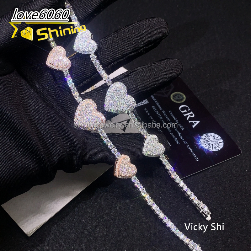 New Design Fine Jewelry Pass Diamond Tester 925 Sterling Silver Two Tones Heart Shape Moissanite Tennis Bracelet