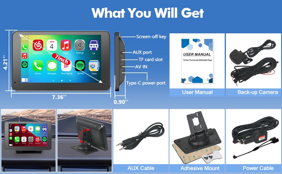 7" Portable Wireless CarPlay and Android Auto Screen for Car, HD Touch Screen Car Stereo with Mirror Link, Bluetooth 5.2, Backup Camera, AUX,FM T