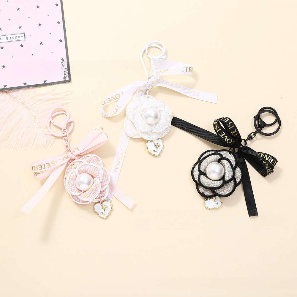 Bag Charm New Pearl Camellia Ribbon Braided Rope DIY Pendant Keychain Multifunctional Phone Bag Chain Accessory
