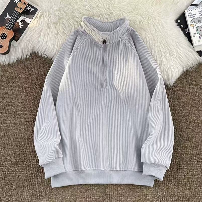 Fleece-Lined Stand Collar Half-Zip Sweatshirt Men's Autumn Winter Japanese Style Simple Loose Casual New Solid Color Jacket Men